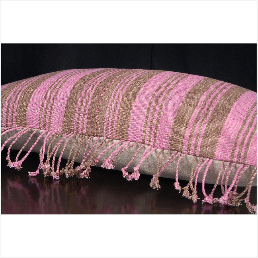 Tribal decorative lumbar pillow Karen Hmong ethnic fabric throw cushion hand woven cotton pink brown stripe decor natural organic dye FG44