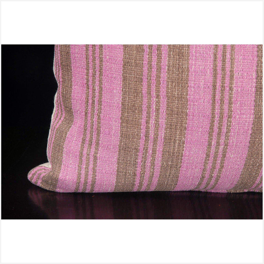 Tribal decorative lumbar pillow Karen Hmong ethnic fabric throw cushion hand woven cotton pink brown stripe decor natural organic dye FG44