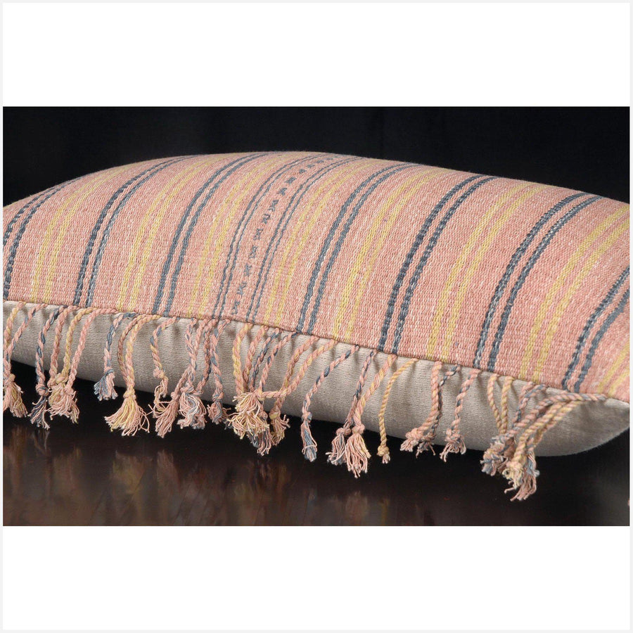 Tribal decorative lumbar pillow Karen Hmong ethnic fabric throw cushion hand woven cotton pink salmon gray yellowhome decor natural dye FG21