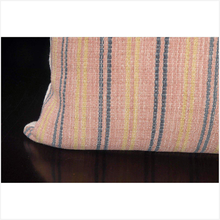 Tribal decorative lumbar pillow Karen Hmong ethnic fabric throw cushion hand woven cotton pink salmon gray yellowhome decor natural dye FG21