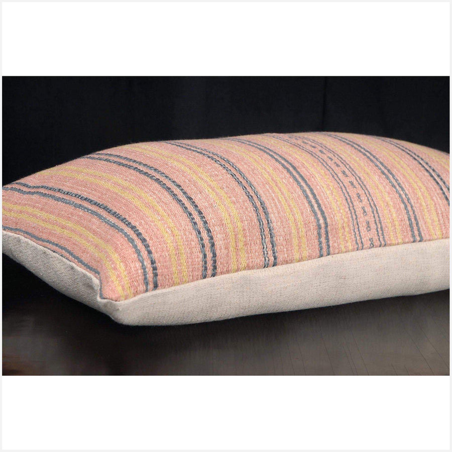 Tribal decorative lumbar pillow Karen Hmong ethnic fabric throw cushion hand woven cotton pink salmon gray yellowhome decor natural dye FG34