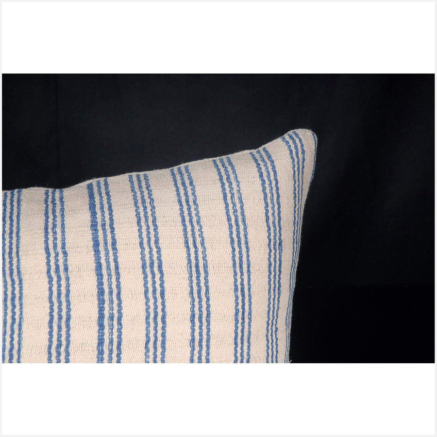 Tribal decorative lumbar pillow Karen Hmong ethnic fabric throw cushion hand woven cotton white blue stripe home decor natural dye FG23