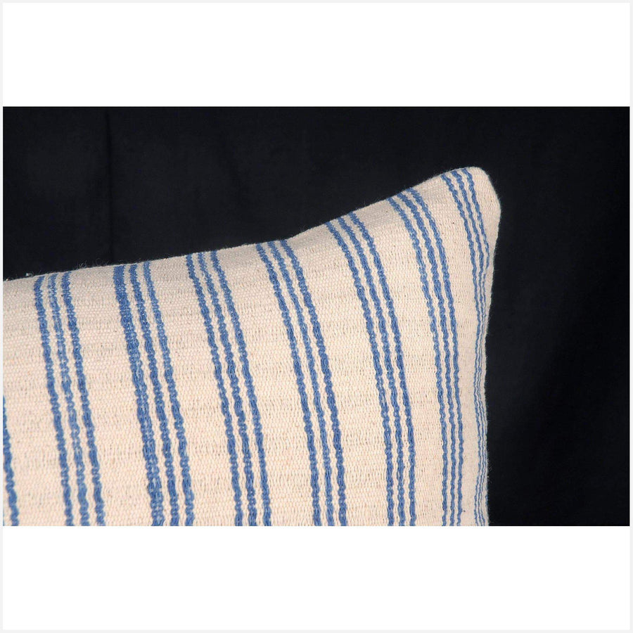 Tribal decorative lumbar pillow Karen Hmong ethnic fabric throw cushion hand woven cotton white blue stripe home decor natural dye FG24