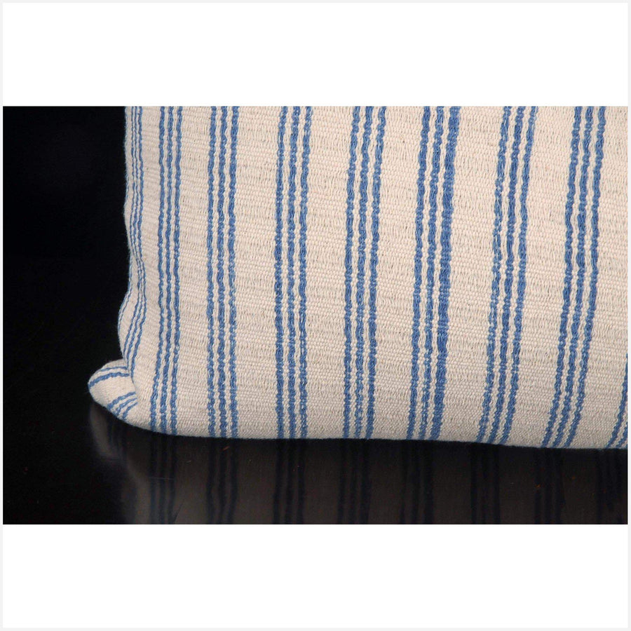 Tribal decorative lumbar pillow Karen Hmong ethnic fabric throw cushion hand woven cotton white blue stripe home decor natural dye FG25