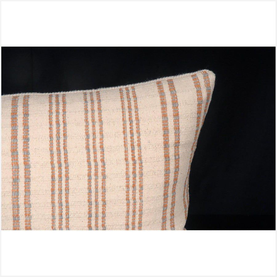 Tribal decorative lumbar pillow Karen Hmong ethnic fabric throw cushion hand woven cotton white gray orange stripe natural organic dye FG82