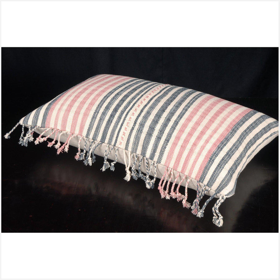 Tribal decorative lumbar pillow Karen Hmong ethnic fabric throw cushion hand woven cotton white gray pink decor natural organic dye FG46