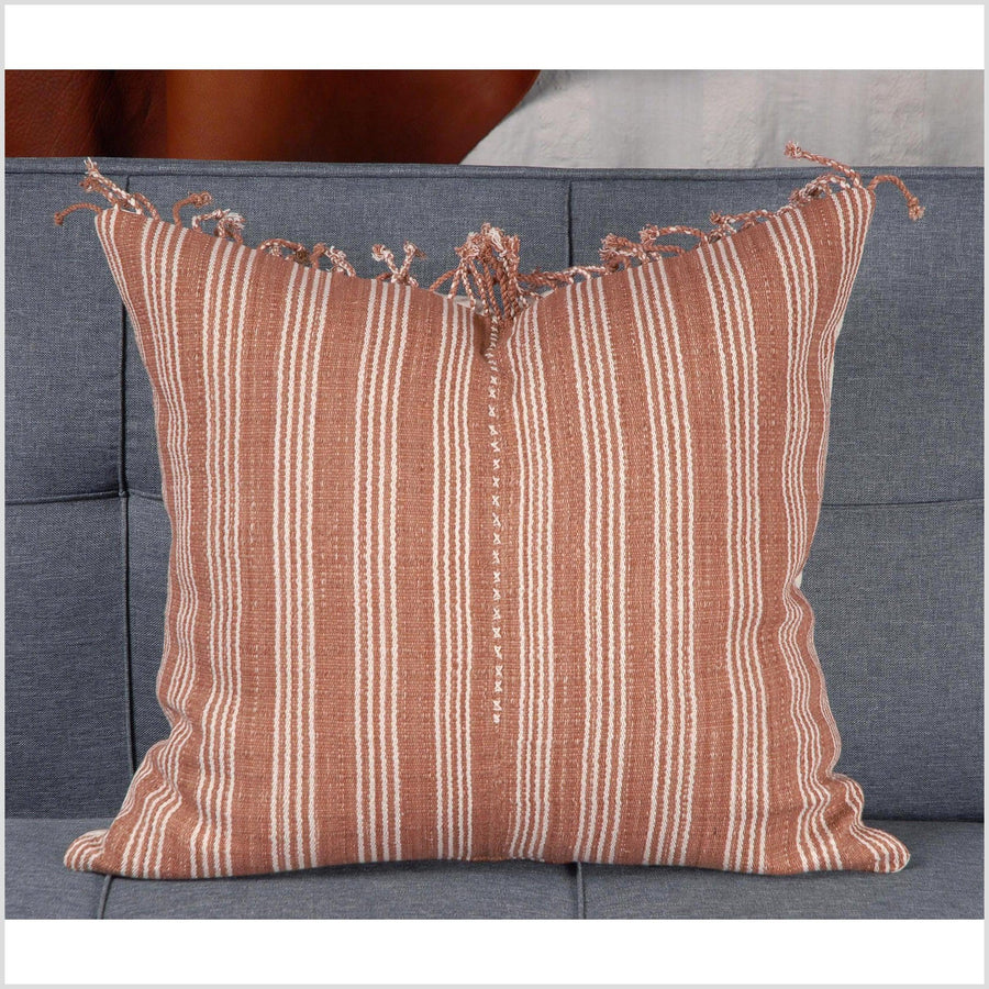 Tribal decorative pillow Karen Hmong fabric ethnic throw cushion hand woven cotton coral rust brown off-white stripe natural dye AF85