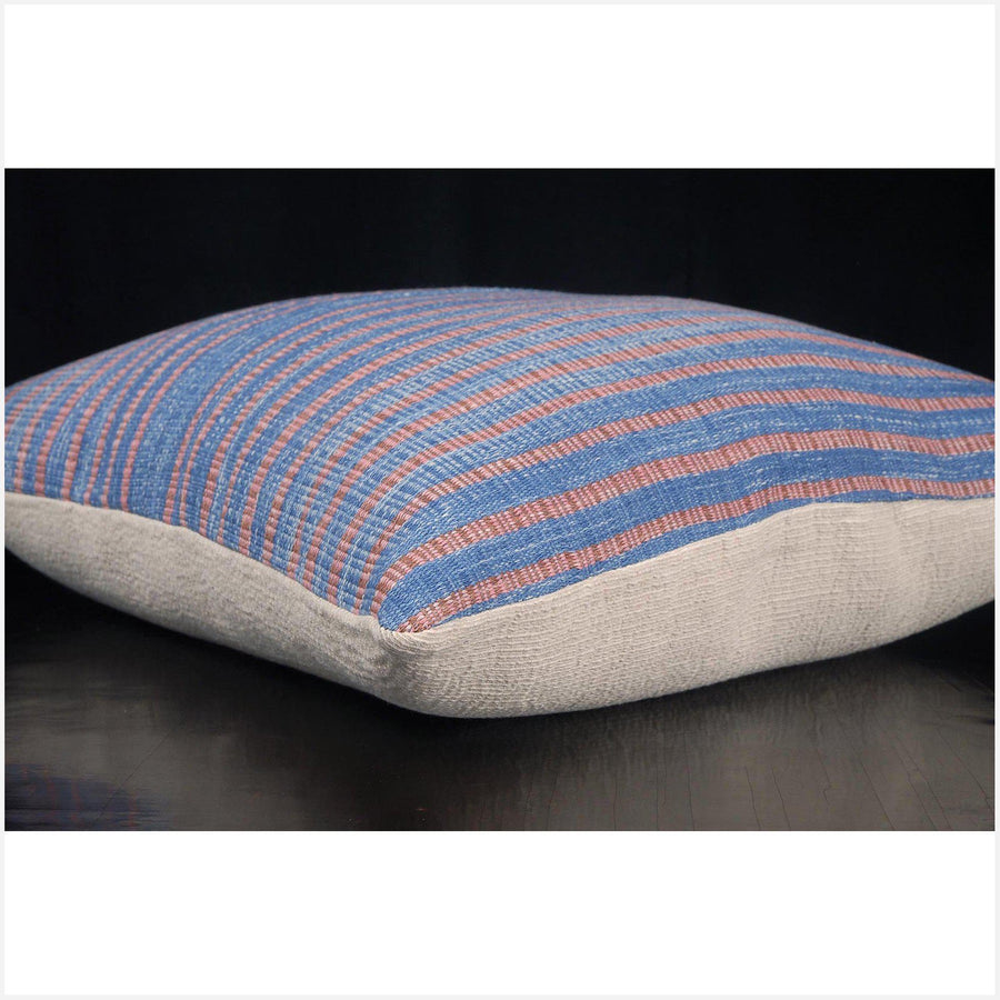 Tribal decorative square pillow Karen Hmong fabric ethnic throw cushion decor hand woven cotton blue pink stripe natural organic dye FG62