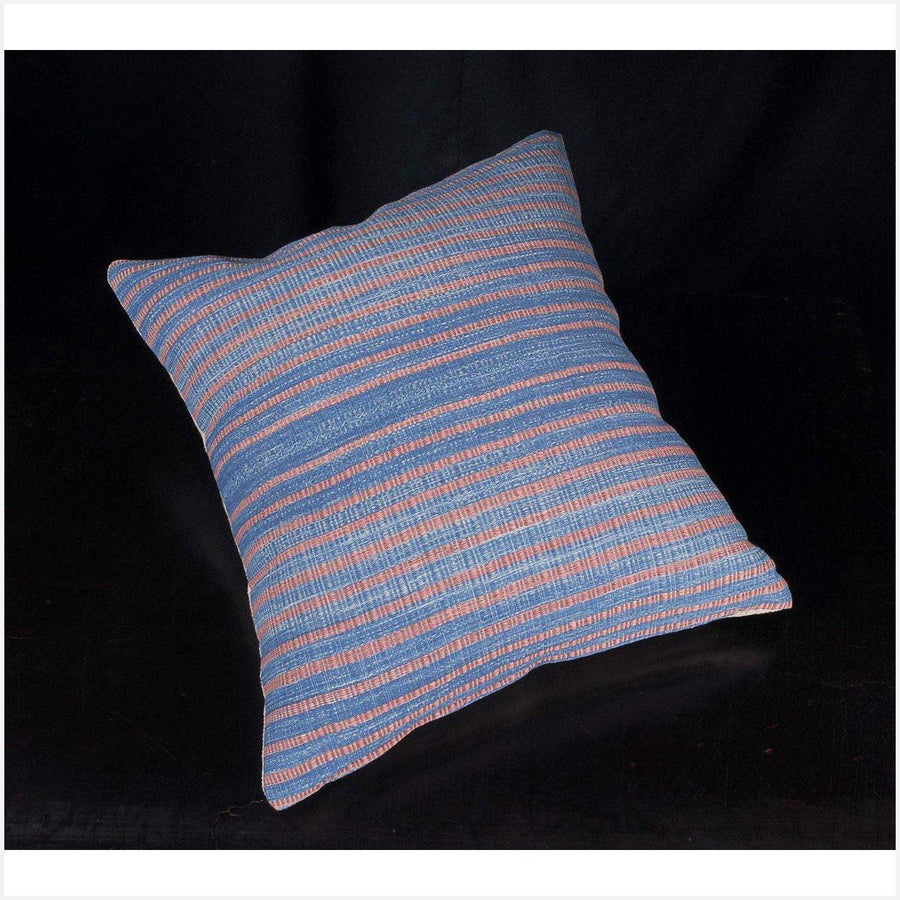 Tribal decorative square pillow Karen Hmong fabric ethnic throw cushion decor hand woven cotton blue pink stripe natural organic dye FG62