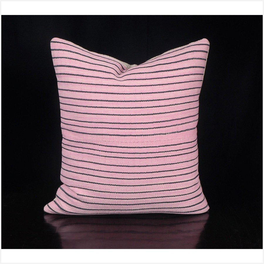 Tribal decorative square pillow Karen Hmong fabric ethnic throw cushion decor hand woven cotton pink black stripe natural organic dye FG66