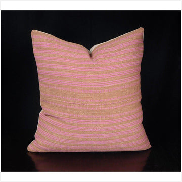 Tribal decorative square pillow Karen Hmong fabric ethnic throw cushion hand woven cotton brown pink stripe natural organic dye decor FG77
