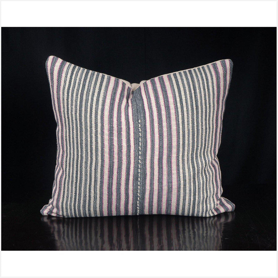 Tribal decorative square pillow Karen Hmong fabric ethnic throw cushion hand woven cotton gray white pink stripe natural organic dye FG69