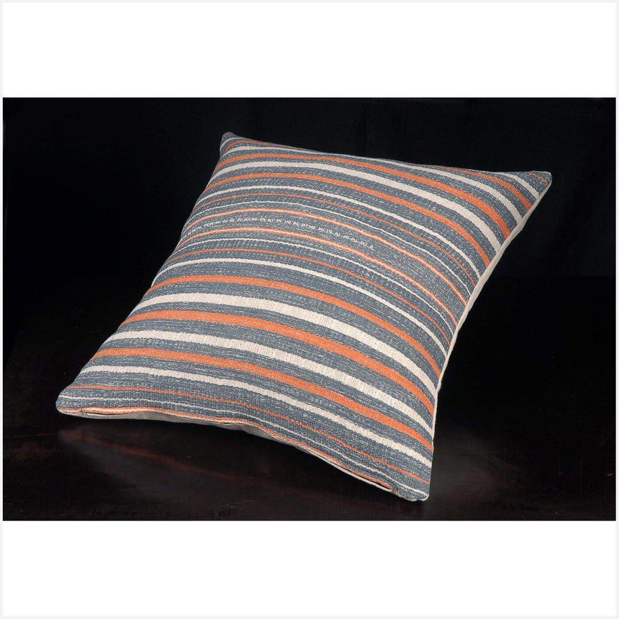 Tribal decorative square pillow Karen Hmong fabric ethnic throw cushion hand woven cotton neutral gray white orange stripe natural dye FG2