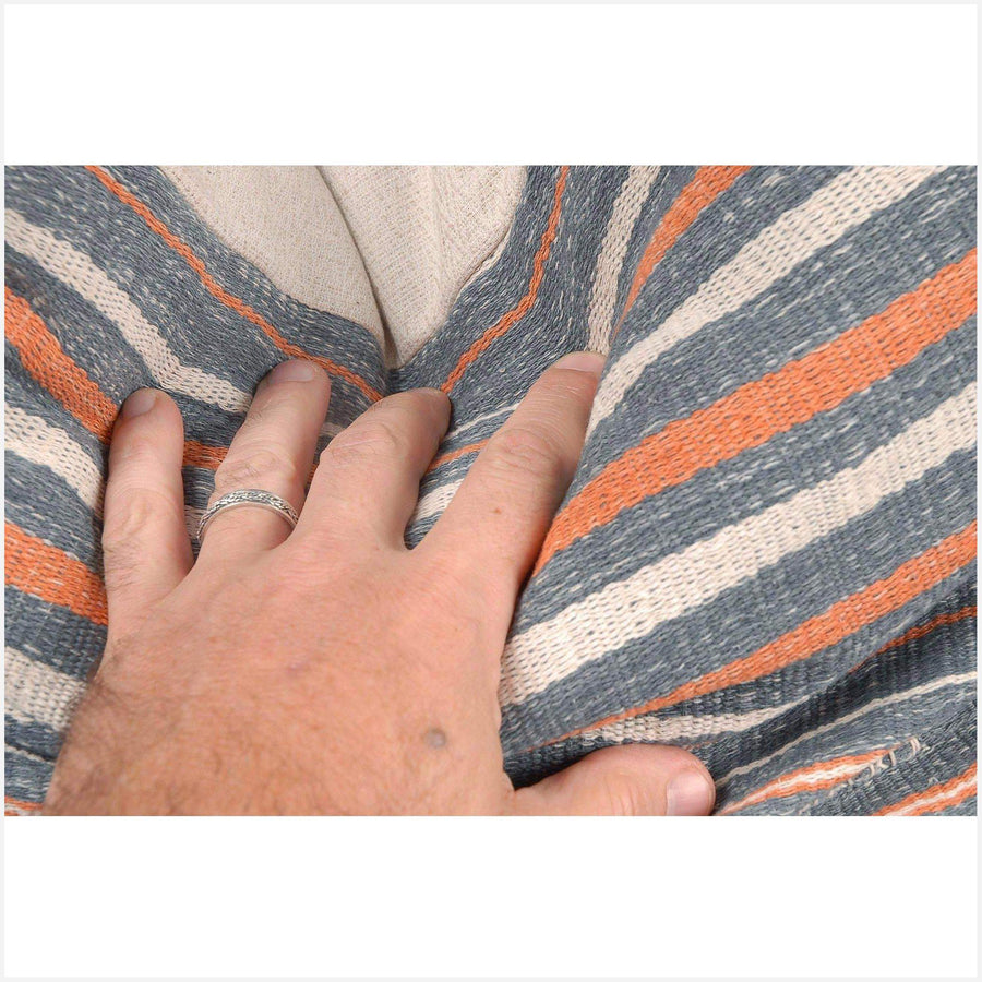 Tribal decorative square pillow Karen Hmong fabric ethnic throw cushion hand woven cotton neutral gray white orange stripe natural dye FG2