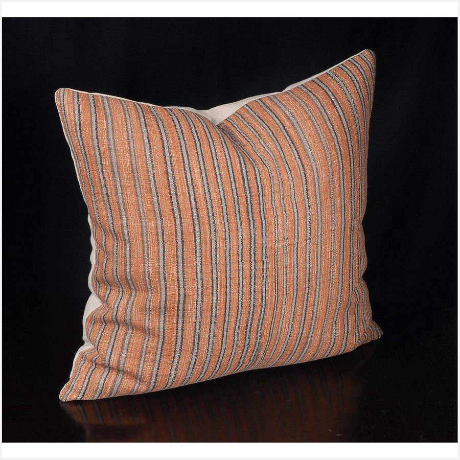 Tribal decorative square pillow Karen Hmong fabric ethnic throw cushion hand woven cotton orange beige black stripe decor natural dye FG79