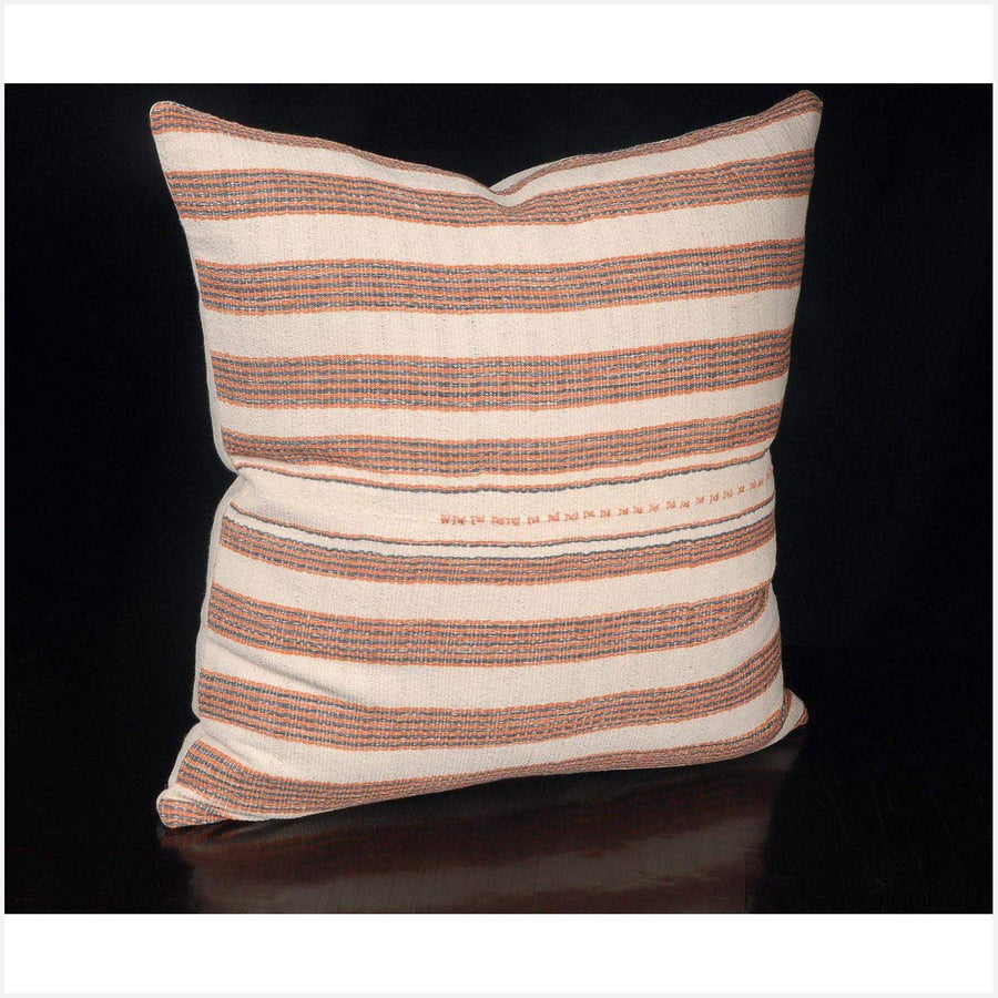 Tribal decorative square pillow Karen Hmong fabric ethnic throw cushion hand woven cotton white gray orange stripe natural organic dye FG65