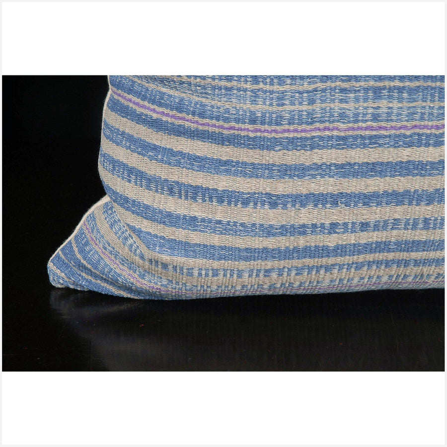 Tribal decorative square pillow Karen Hmong fabric ethnic throw cushion handwoven cotton neutral blue gray purple stripe natural dye FG6