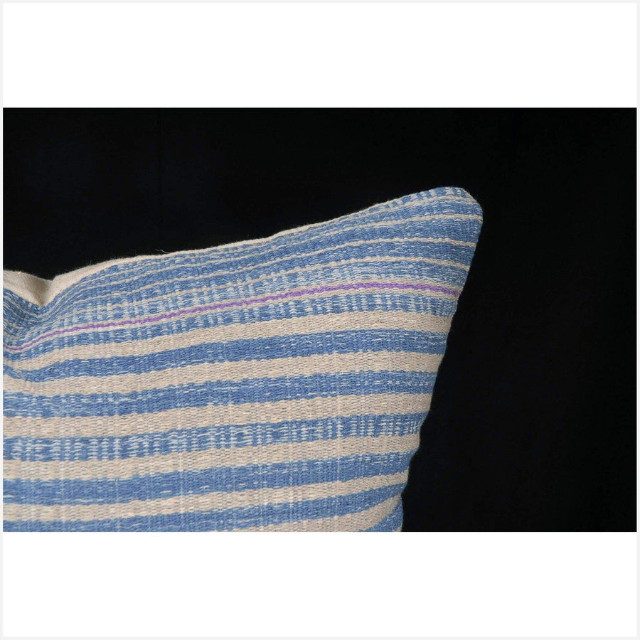 Tribal decorative square pillow Karen Hmong fabric ethnic throw cushion handwoven cotton neutral blue gray purple stripe natural dye FG6