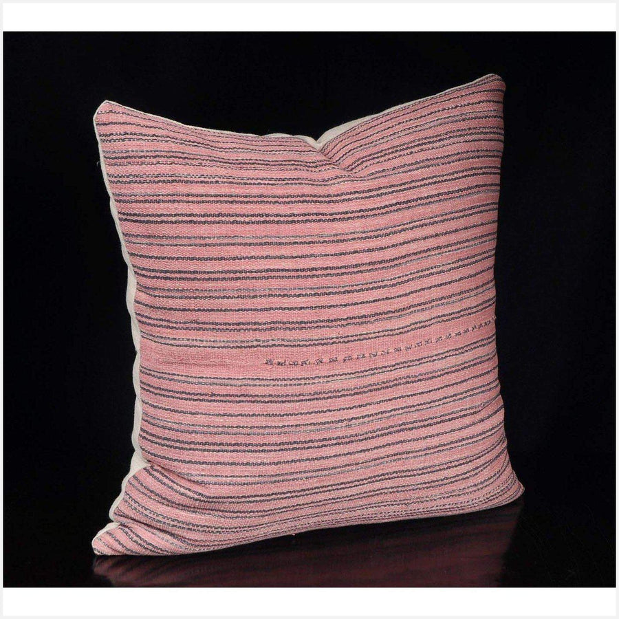 Tribal decorative square pillow Karen Hmong fabric ethnic throw cushion handwoven cotton neutral gray pink stripe natural organic dye FG15