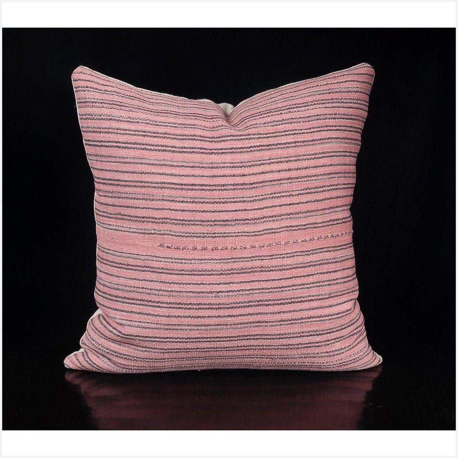 Tribal decorative square pillow Karen Hmong fabric ethnic throw cushion handwoven cotton neutral gray pink stripe natural organic dye FG15