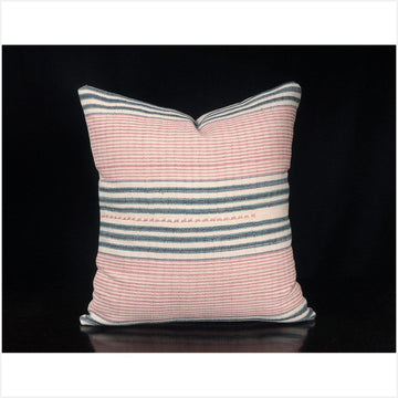 Tribal decorative square pillow Karen Hmong fabric ethnic throw cushion handwoven cotton neutral gray white pink blue stripe natural dye FG5