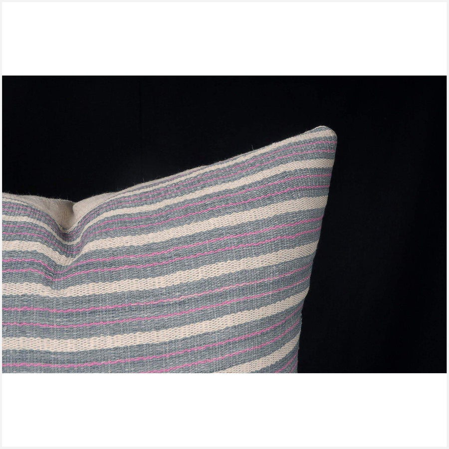 Tribal decorative square pillow Karen Hmong fabric ethnic throw cushion handwoven cotton neutral gray white pink stripe natural dye FG11