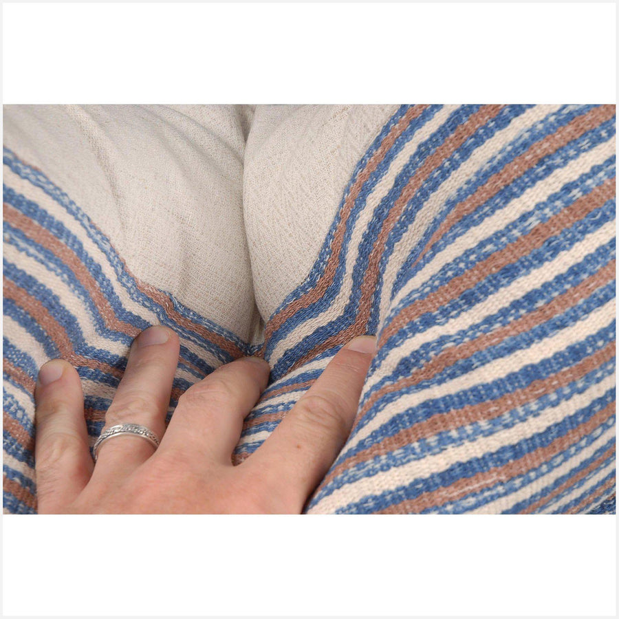 Tribal decorative square pillow Karen Hmong fabric ethnic throw cushion handwoven cotton neutral white blue brown stripe natural dye FG12