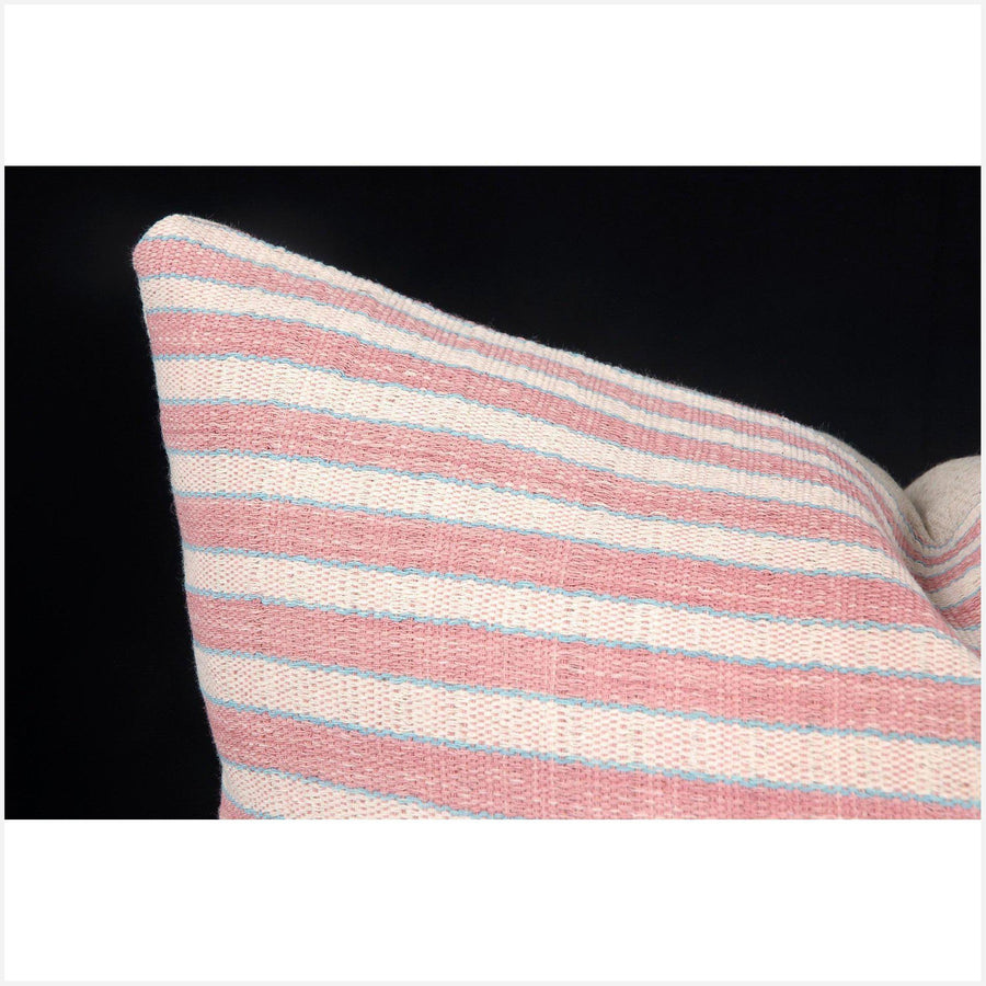 Tribal decorative square pillow Karen Hmong fabric ethnic throw cushion handwoven cotton neutral white pink blue stripe natural dye FG8