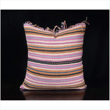 Tribal decorative square pillow Karen Hmong fabric ethnic throw cushion handwoven cotton pink orange white blue black stripe natural dye FG7