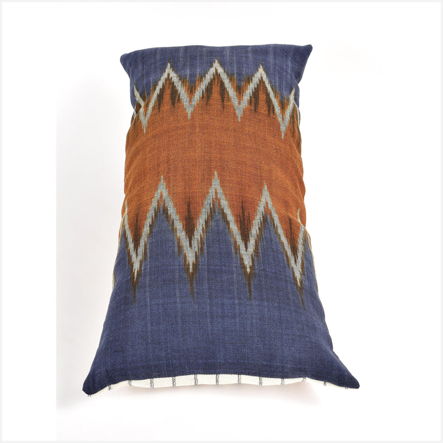 Tribal ethnic ikat pillow, Tai Lue Laos textile 14 x 29 in. lumbar cushion, handwoven cotton, indigo gray rust organic dye KK92