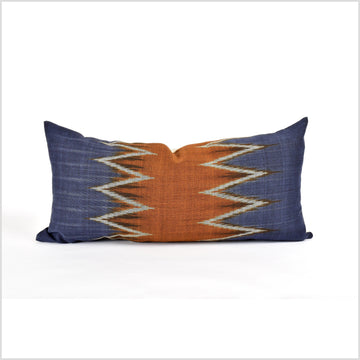 Tribal ethnic ikat pillow, Tai Lue Laos textile 14 x 29 in. lumbar cushion, handwoven cotton, indigo gray rust organic dye KK92