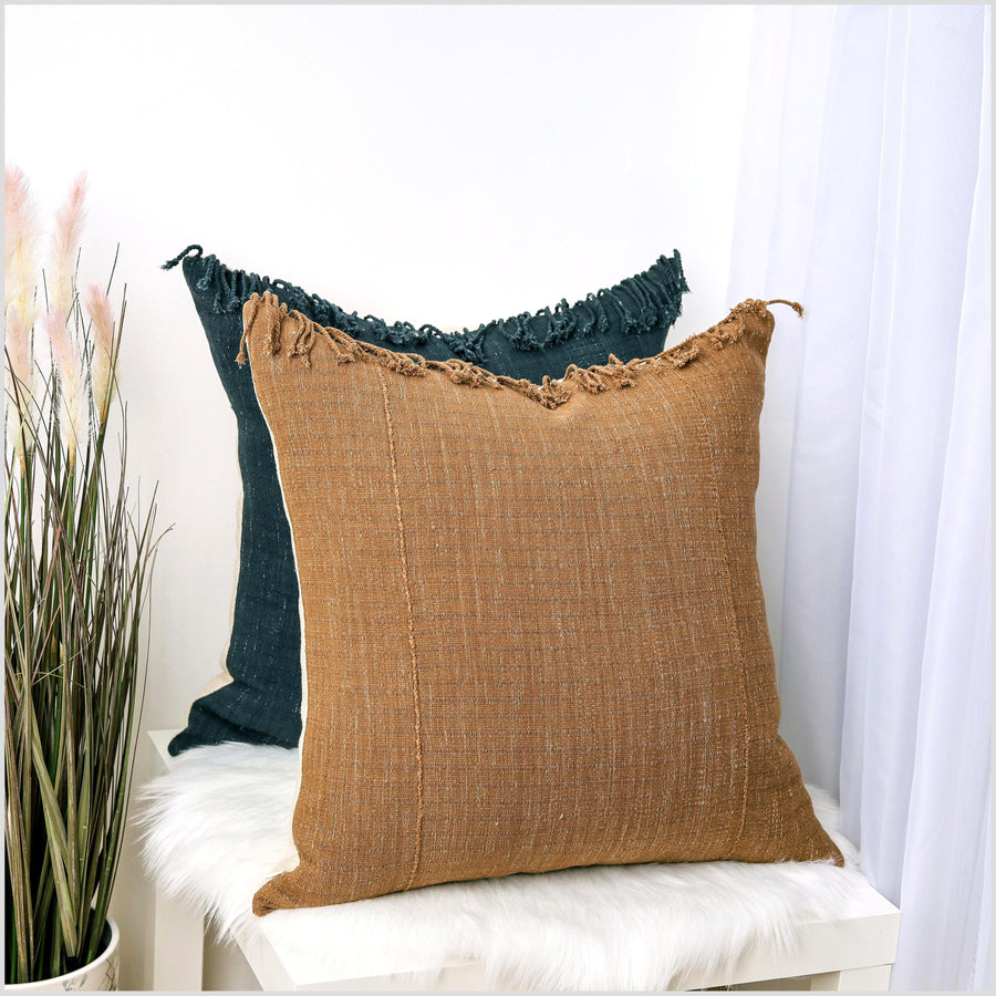 Tribal ethnic minimalist pillow, Hmong tribal 22 inch square cushion, handwoven cotton, neutral khaki brown color, natural organic dye YY87
