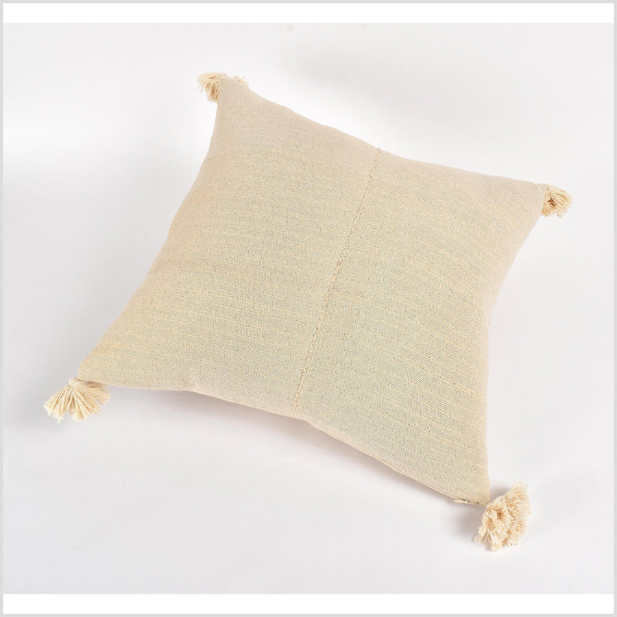 Tribal ethnic solid pillow, Hmong tribal 20 in. square cushion, handwoven cotton, neutral cream, off-white, natural organic dye VV21