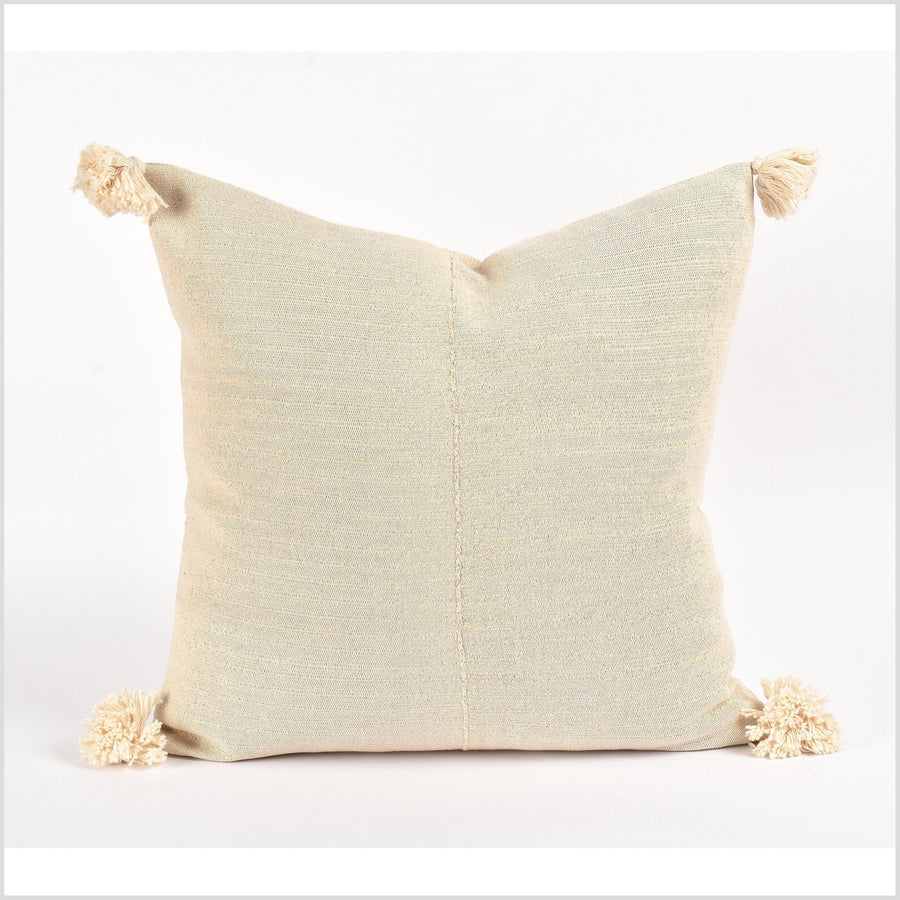 Tribal ethnic solid pillow, Hmong tribal 20 in. square cushion, handwoven cotton, neutral cream, off-white, natural organic dye VV21