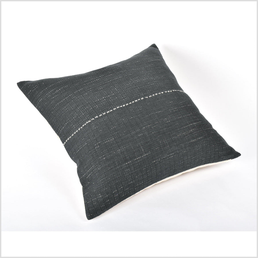 Tribal ethnic solid pillow, Hmong tribal 21 in. square cushion, handwoven cotton, neutral black charcoal natural organic dye VV73