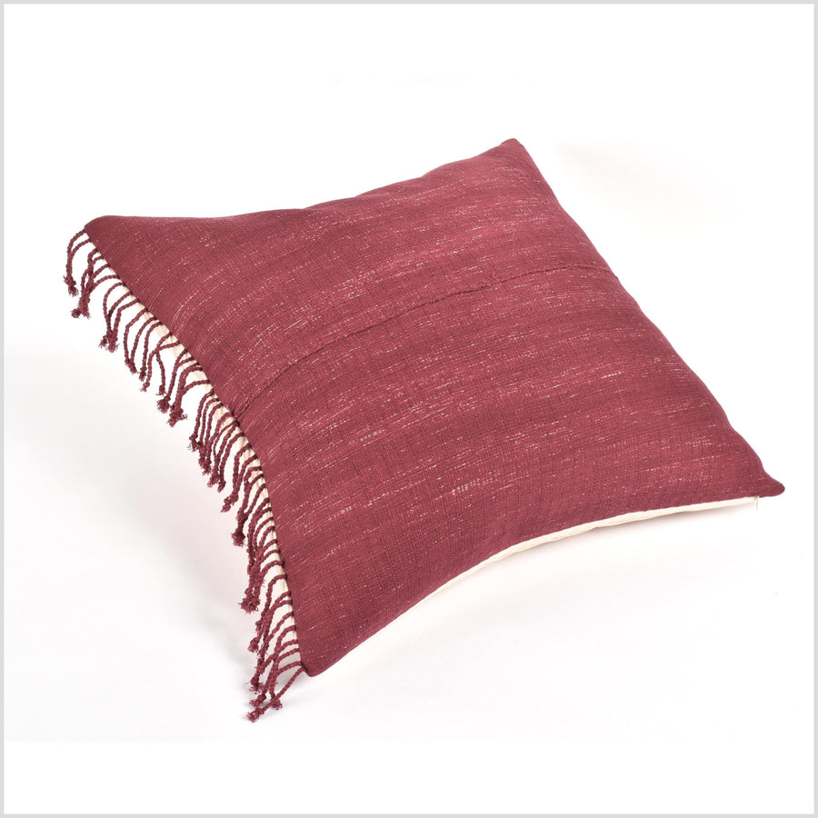 Tribal ethnic solid pillow, Hmong tribal 21 in. square cushion, handwoven cotton, neutral burgundy dark red wine natural organic dye VV28
