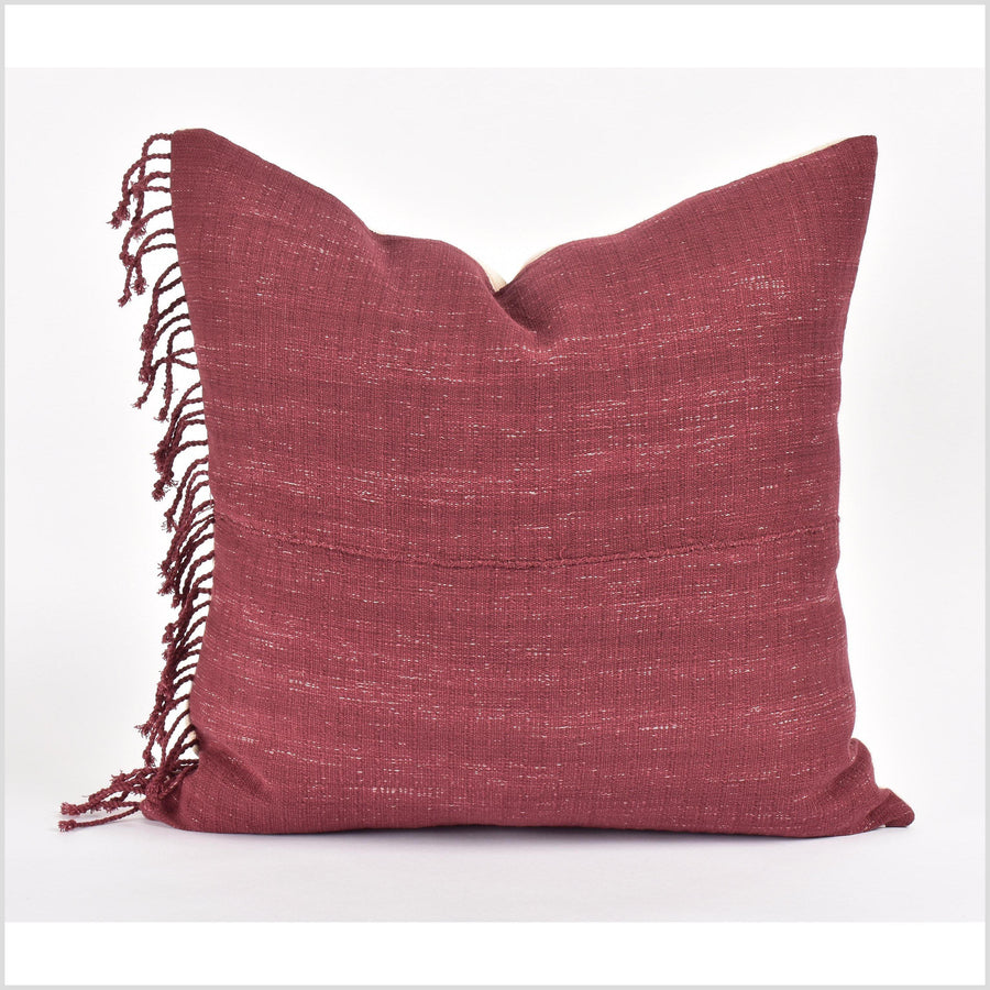Tribal ethnic solid pillow, Hmong tribal 21 in. square cushion, handwoven cotton, neutral burgundy dark red wine natural organic dye VV28