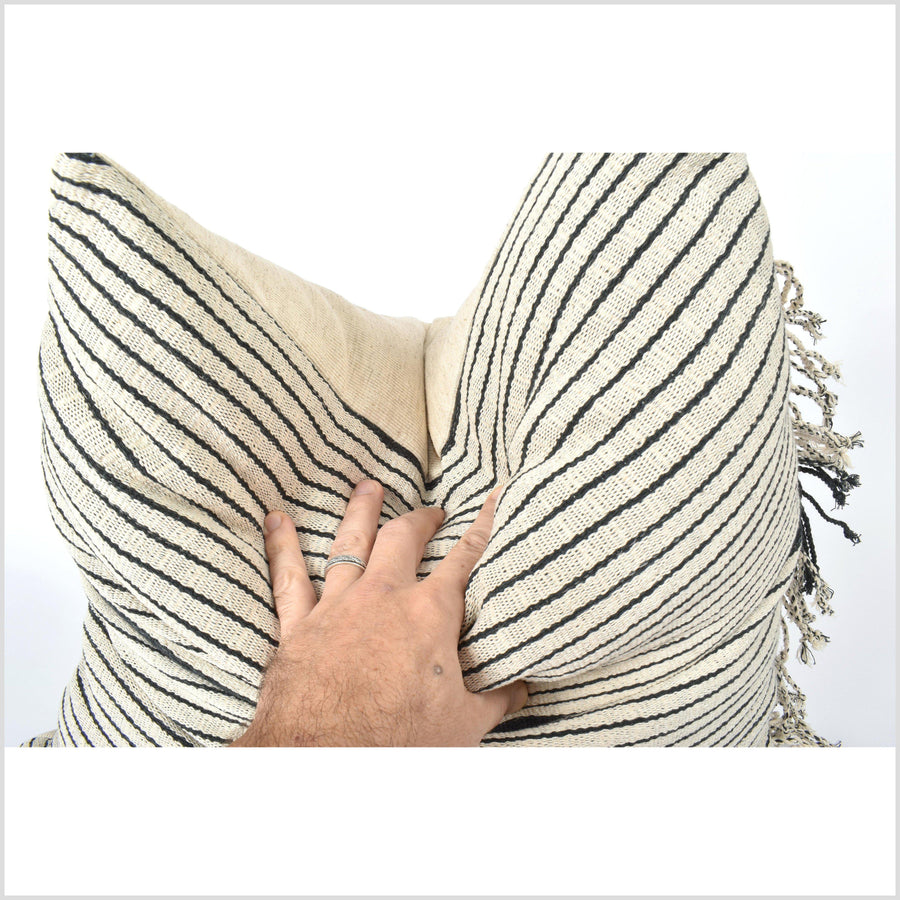 Tribal ethnic solid pillow, Hmong tribal 21 in. square cushion, handwoven cotton, neutral off-white, gray natural organic dye VV75