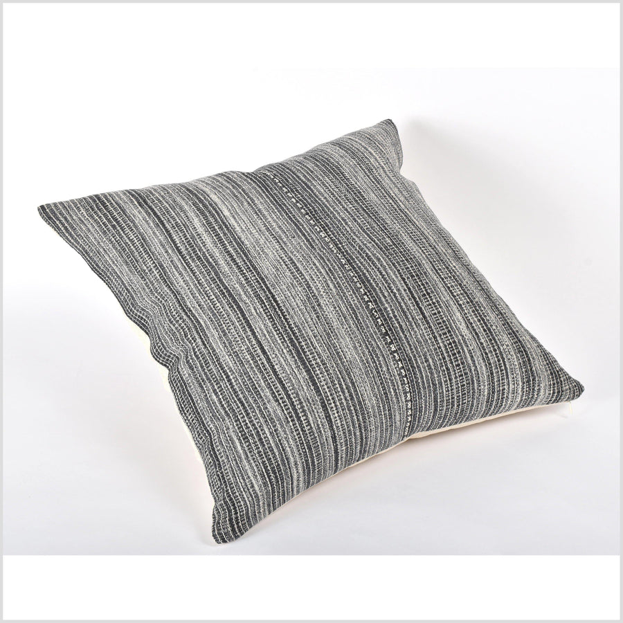 Tribal ethnic solid pillow, Hmong tribal 21 in. square cushion, handwoven cotton, neutral off-white, gray natural organic dye VV79
