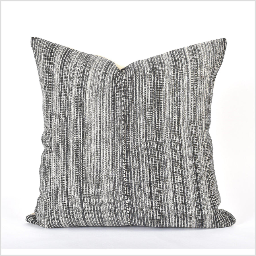 Tribal ethnic solid pillow, Hmong tribal 21 in. square cushion, handwoven cotton, neutral off-white, gray natural organic dye VV79