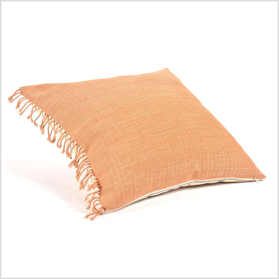 Tribal ethnic solid pillow, Hmong tribal 21 in. square cushion, handwoven cotton, neutral rose gold, natural organic dye VV46