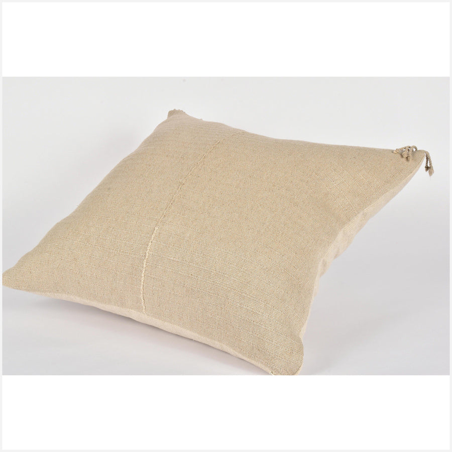Tribal ethnic solid pillow, Hmong tribal 21 in. square cushion, handwoven hemp, neutral unbleached beige natural organic KK69