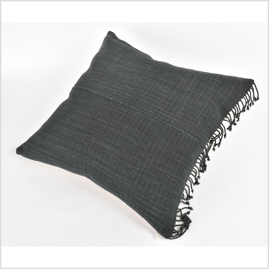 Tribal ethnic solid pillow, Hmong tribal 22 in. square cushion, handwoven cotton, neutral black charcoal, natural organic dye VV35