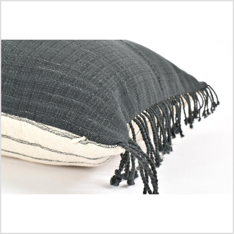 Tribal ethnic solid pillow, Hmong tribal 22 in. square cushion, handwoven cotton, neutral black charcoal, natural organic dye VV35