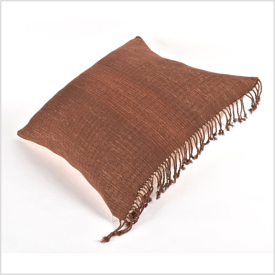 Tribal ethnic solid pillow, Hmong tribal 22 in. square cushion, handwoven cotton, neutral copper brown, natural organic dye VV31