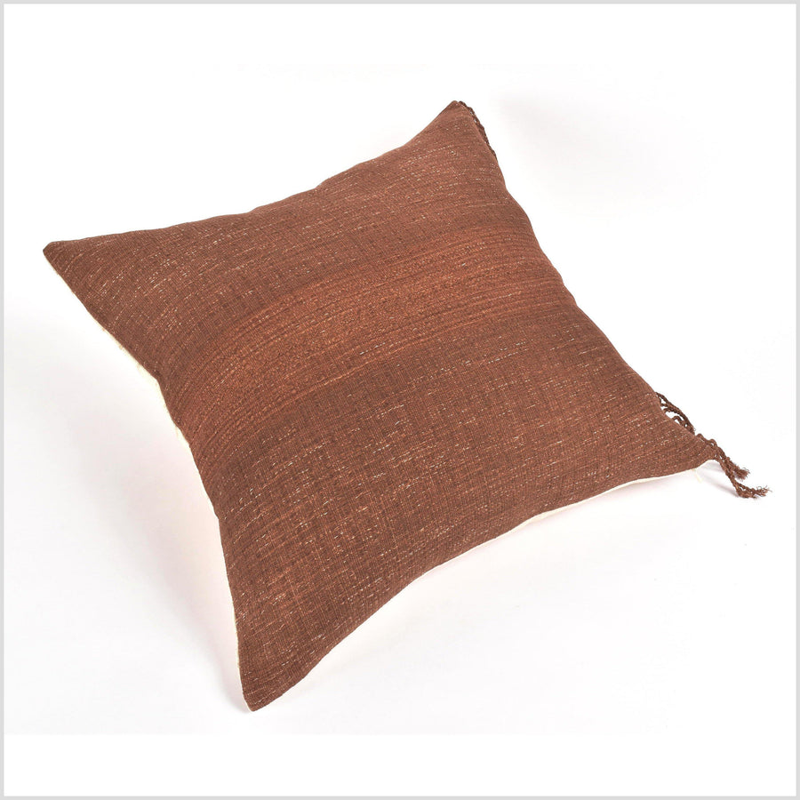 Tribal ethnic solid pillow, Hmong tribal 22 in. square cushion, handwoven cotton, neutral copper brown, natural organic dye VV31