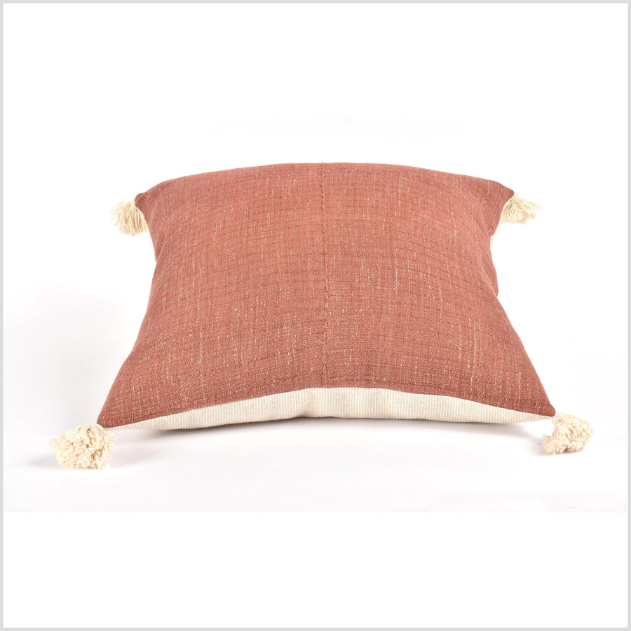 Tribal ethnic solid pillow, Hmong tribal 22 in. square cushion, handwoven cotton, neutral reddish rust, natural organic dye VV44