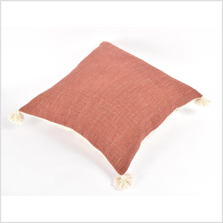 Tribal ethnic solid pillow, Hmong tribal 22 in. square cushion, handwoven cotton, neutral reddish rust, natural organic dye VV44