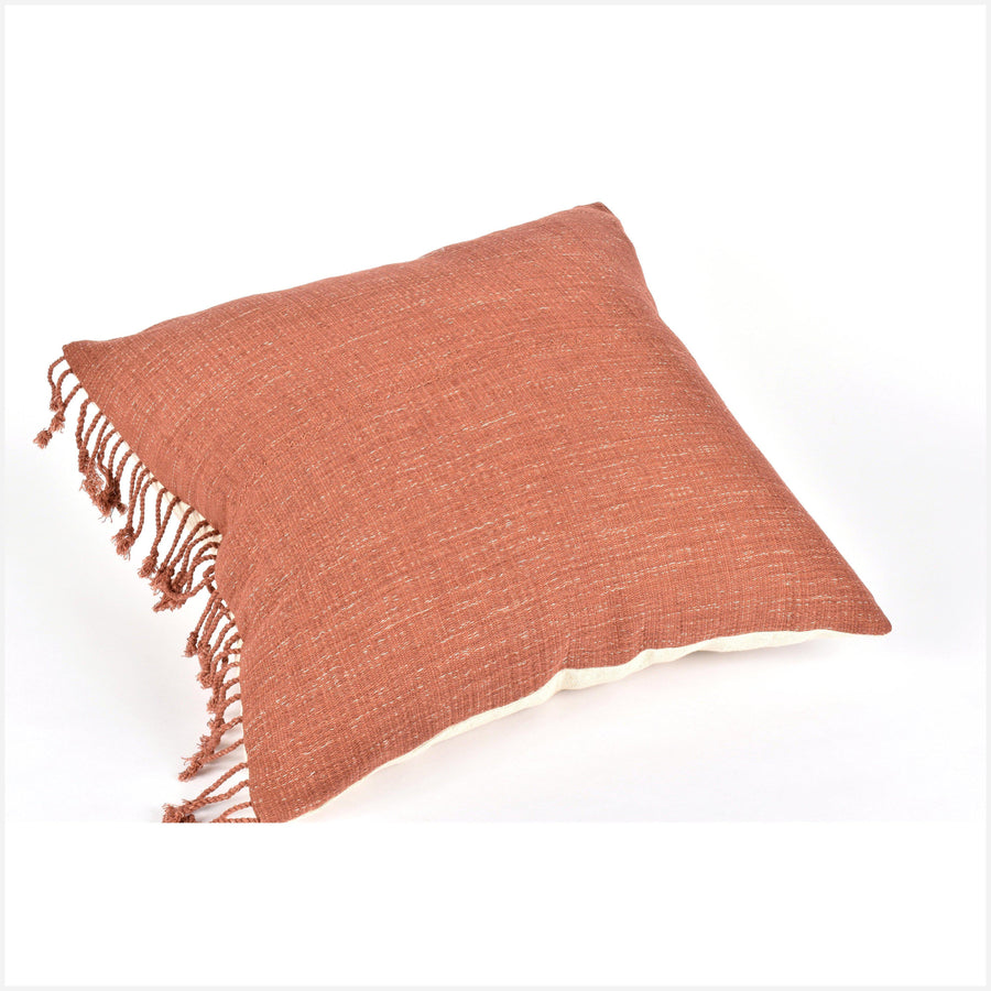 Tribal ethnic solid pillow, Hmong tribal 22 in. square cushion, handwoven cotton, neutral rust natural organic dye KK68
