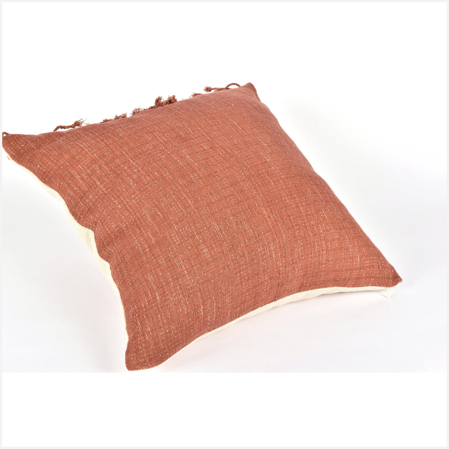 Tribal ethnic solid pillow, Hmong tribal 22 in. square cushion, handwoven cotton, neutral rust natural organic dye KK68